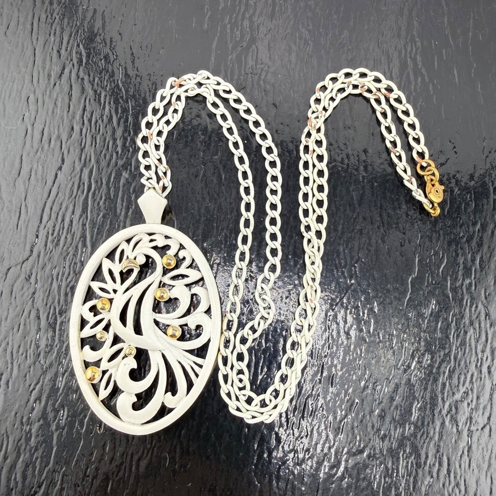 Vintage Monet Necklace White Peacock Enamel Bird Pendant 28 Inch